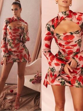 House of CB Toira Dress in Red Floral  Mini Dress in Pink and Red